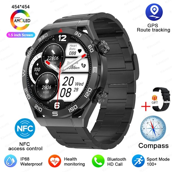 NFC AMOLED Smart Watch Herr Custom Dial Svara Ring Sport GPS Track Kompass IP68 Vattentät Smartwatch För Huawei Ultimate Black Steel