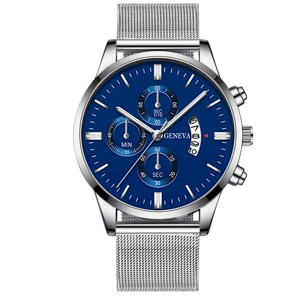 2023 Herrmode Business Kalender Klockor Herr Lyx Blå Rostfritt stål Mesh Bälte Analog Quartz Watch relogio masculino Silver Blue