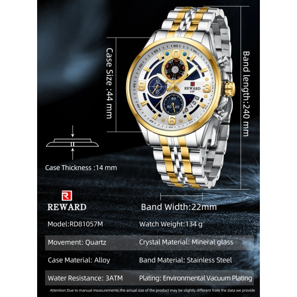REWARD Design Quartz Armbandsur för män Sport Vattentäta klockor Rostfritt stål Kronograf Luminous Watch Gold White