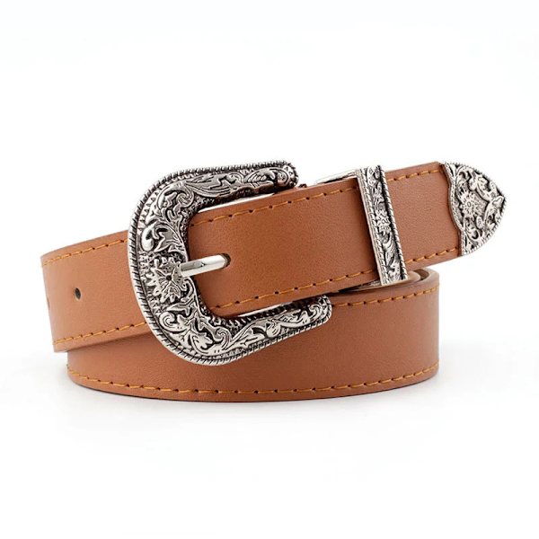 Retro metallnålsspänne Dambälte Vintage snidat PU-läder gotiskt midjebälte Dam Casual Jeans Byxor Midjeband camel style 2 adjustable
