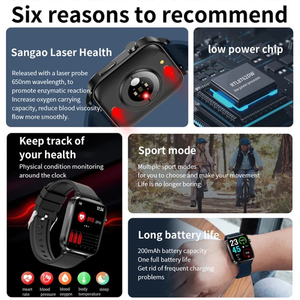 Ny Blodsocker Smart Watch Herr Sangao Laser Treat Hälsa Puls Blodtryck Sport Smartwatch Kvinnor Watch Black Silicon