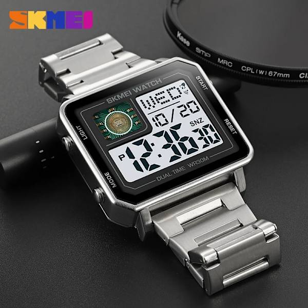 Elektronisk watch för män Big Numbers 3ATM Vattentät män Digital watch i rostfritt stål utomhussport fyrkantig watch för män gold