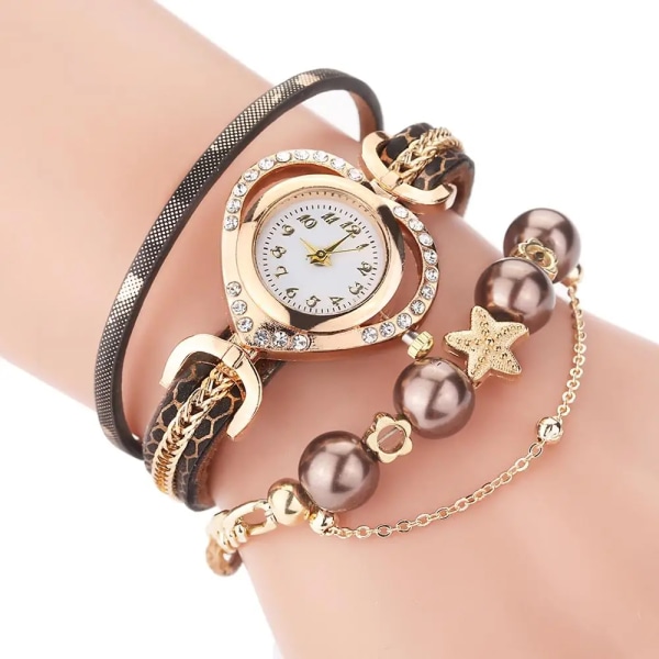 Damarmbandsklockor med pärlhänge Lyxiga damer Läder Quartz Strass Armbandsur Klocka Relogio Feminino brown