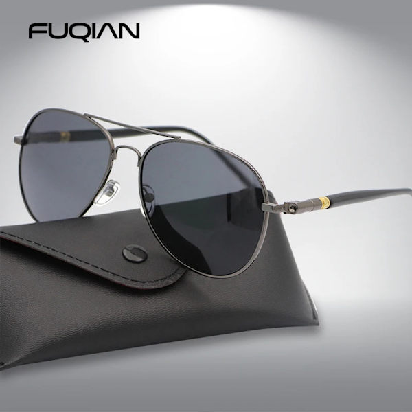 FUQIAN Mode Pilot Män Polariserade Solglasögon Oversized Metal Aviation Man Solglasögon Klassiska Svarta Driving Shades UV400 Gun Black Polarized
