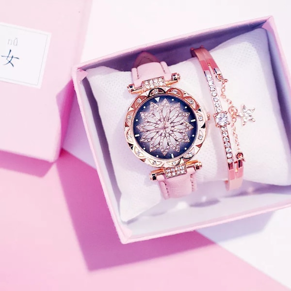 2020 Damklockor Set Starry Sky Watch Casual Läder Sport Quartz Clock Relogio Feminino Pink With Bracelet