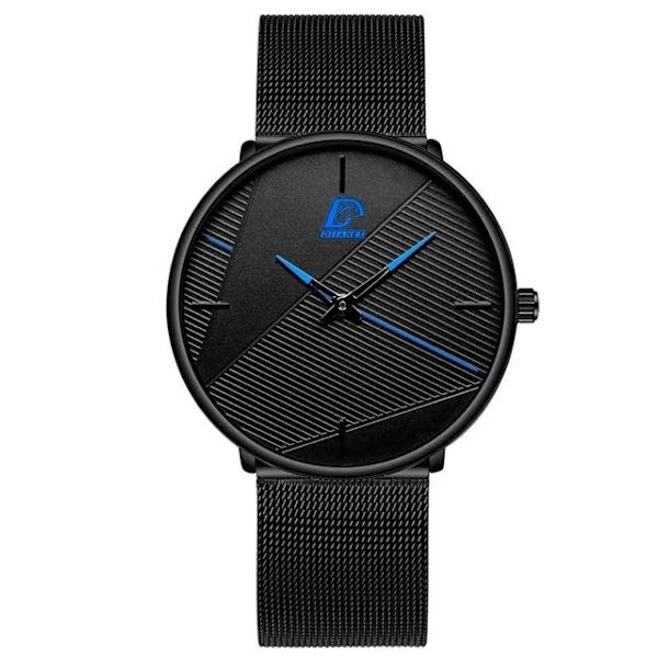 Märke Herrklockor Herr Enkelt Ultratunt mesh i rostfritt stål Bälte Quartz Clock Man Business Läder Armbandsur reloj hombre Mesh Black Blue