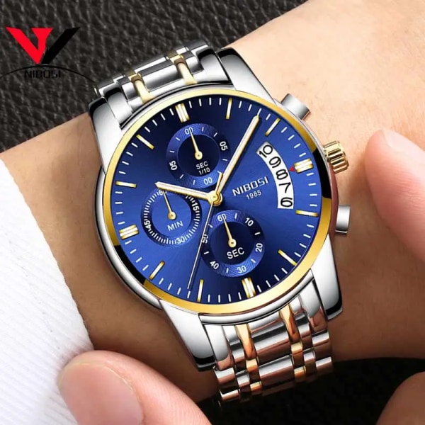 NIBOSI Herrklockor Lyxmärke Militär Sport Watch Herr Business Armbandsur Chronograph Quartz Watch Relogio Masculino Leather Gold