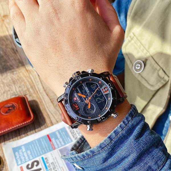 2021 NAVIFORCE Toppmärke Sportklockor Herr Läder Vattentät Man Quartz Digital Dubbel Watch Man Klocka Relogio Masculino BYBN-with Box