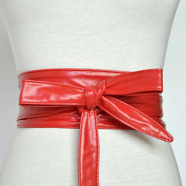 Kvinnor Snörning Pu-läderbälte Nytt Bowknot Bälten Längre Bred Bind Midjeband Slips Rosett Dam Klänning Dekoration Mode 2022 Red one size