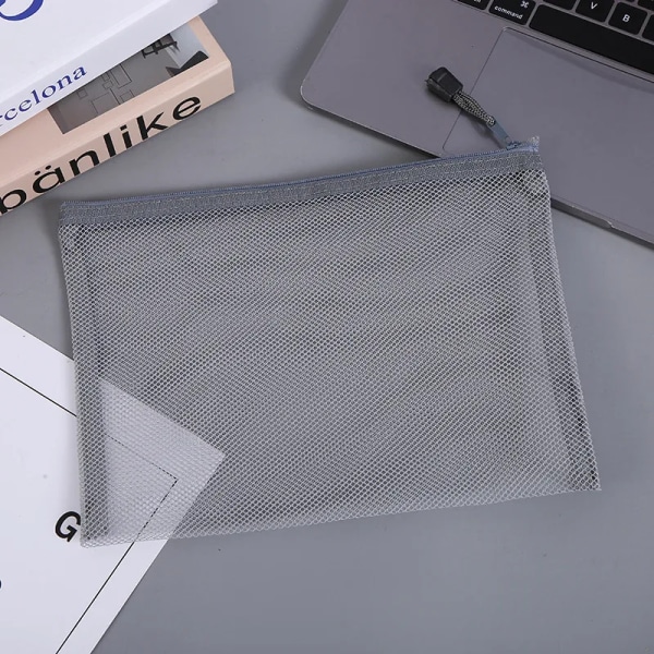 Transparent Synlig Nylon Mesh Makeup Kosmetisk Förvaringsväska Skolkontor Fil Dragkedja Student Penna Test Papper Organizer gray A5 (25x18cm)