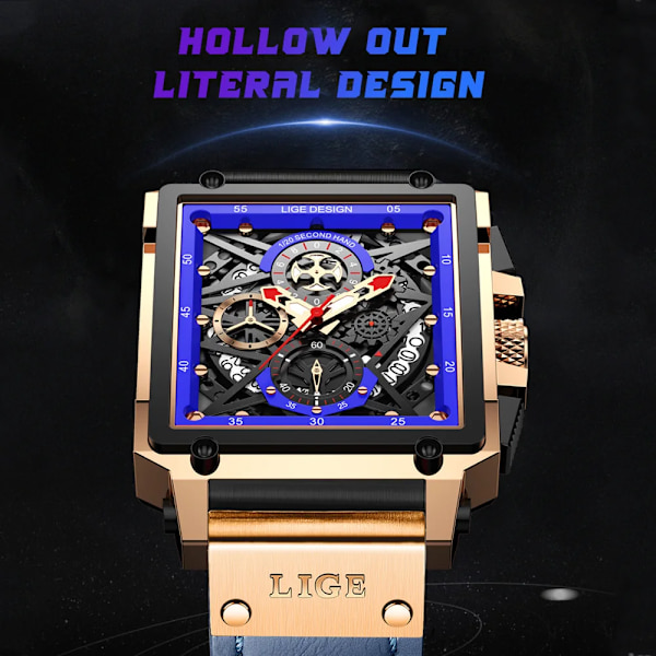 2023 nya LIGE Herrklockor Toppmärke Lyx Hollow Square Watch För män Mode Läderrem Vattentät Quartz Armbandsur Leather black