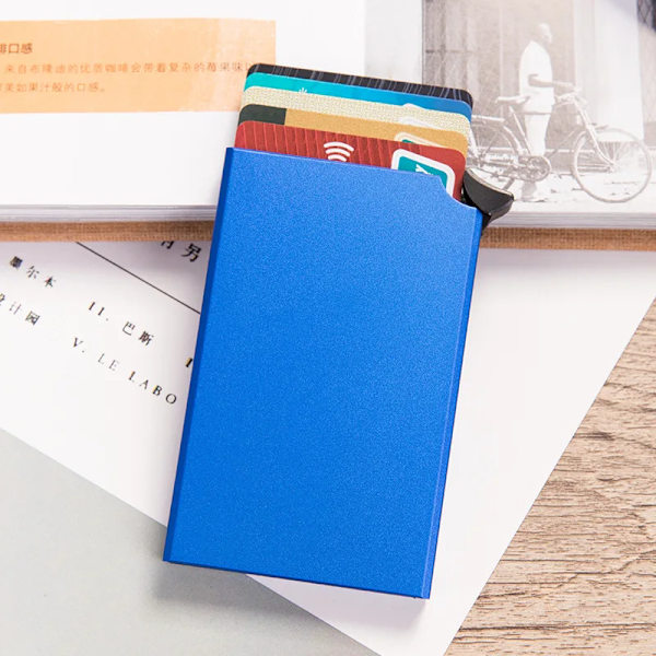 Aluminium Korthållare Metall Män kreditkortshållare Rfid Blockering Mini Slim Plånbok Automatisk Pop up Case Protector Blue