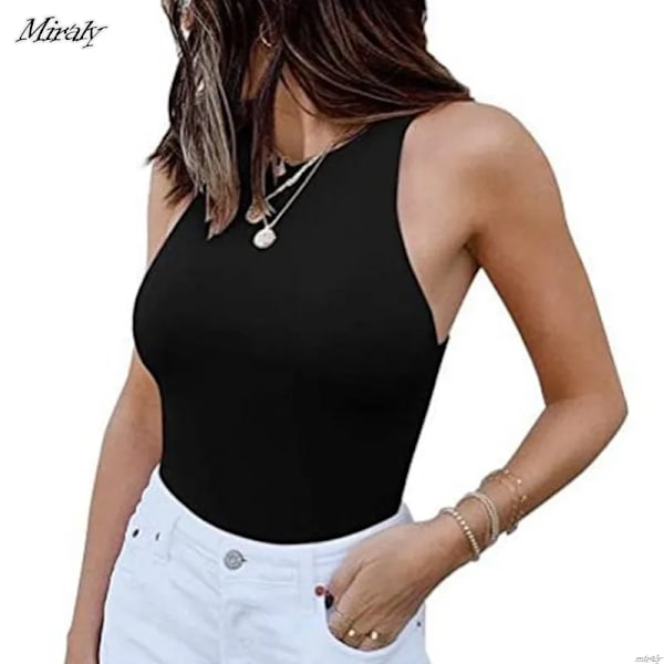 2-lagers slimmade bodysuits linne damer Sexig ärmlös Racer rygg Halter Neck Jumpsuit Romper Casual Toppar Black XL
