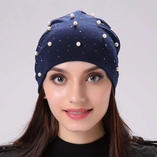Mjuka Bomulls-Hattar för Höst & Vår - Dam & Flickor - Pärlor & Strass - Varma Skullies - Turban - Bonnet - Kvinnliga Hattar E blue Elasticity