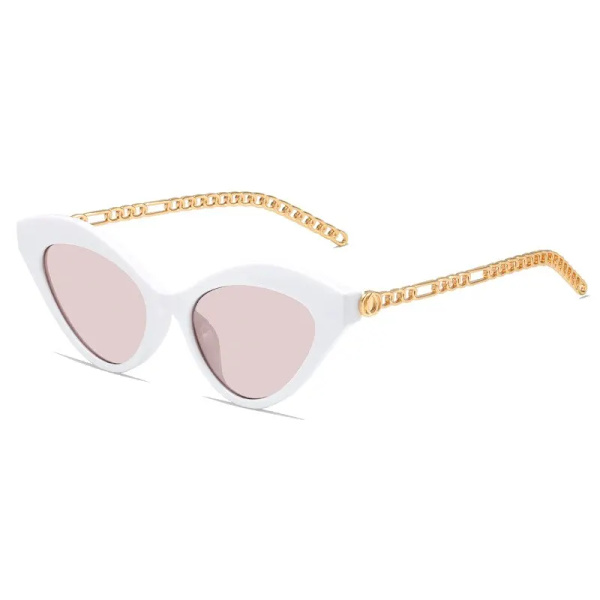 Europeiska och amerikanska triangulära Cat Eye Chain Solglasögon Liten ram Damsolglasögon White
