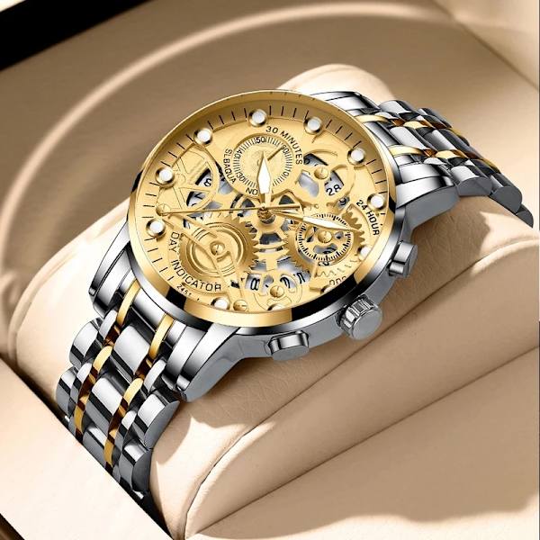 Watch för män Skelettdesign Mode Mekanisk stil i rostfritt stål Quartz rörelsekalender Vattentät Armbandsur för män 2451YH