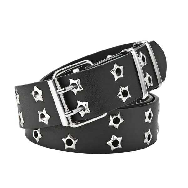 Star Eye Nitbälte Goth Style Dubbelnål Spänne Man/kvinna Mode Casual Puck Style Pu Läder Midjeband Jeans y2k tillbehör Black one size