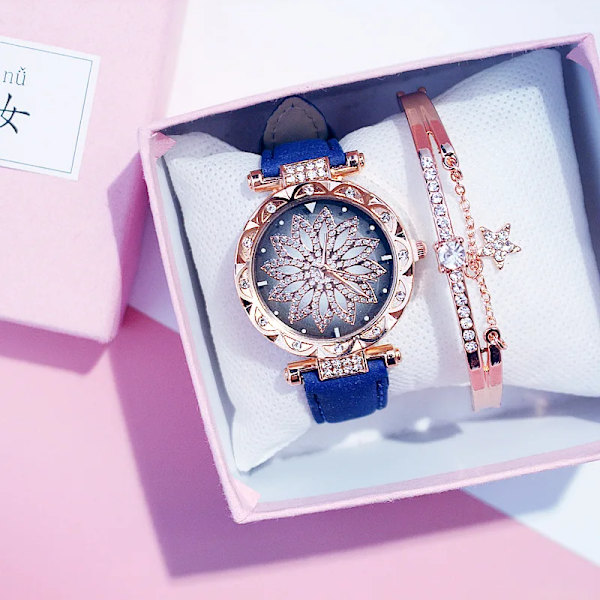 2020 Damklockor Set Starry Sky Watch Casual Läder Sport Quartz Clock Relogio Feminino Blue With Bracelet