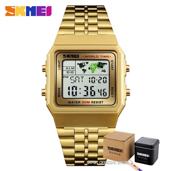 SKMEI Top Lyx Mode Watch Herr Väckarklocka 3Bar Vattentät Rostfritt stål Armband Digitala klockor reloj hombre 1338 gold with box