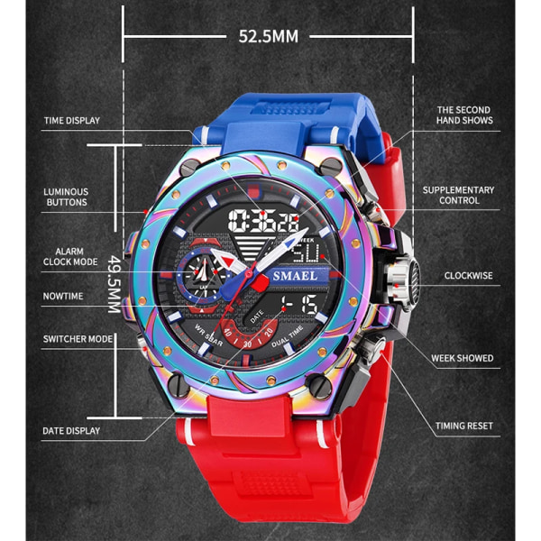 SMAEL Quartz Watch For Herr Armbandsur Watchcolorful Red Armband 50M Vattentät Väckarklocka Analog Digitals 8060 Sportklockor BLUE