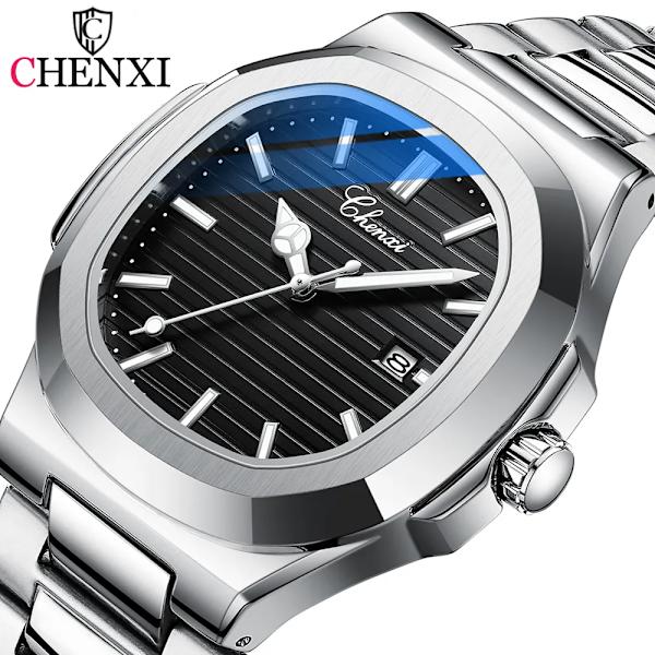 CHENXI 2023 Nya herrklockor Business Clock Top Lyxmärke Quartz Watch Rostfritt stål Vattentät självlysande armbandsur Silver Green Box