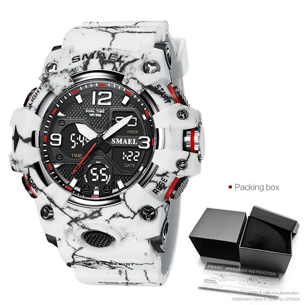 SMAEL Dual Time Watch för män Mode Vattentät Quart Digital Armbandsur Väckarklocka LED Bakgrundsbelysning Kalenderklockor 8008 Camo White-Box
