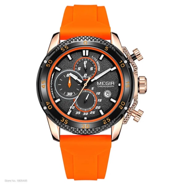 MEGIR Watch för män Mode Silikonband Chronograph Quartz Armbandsur med Auto Date Lysande visare 3atm Vattentät 2211 Orange