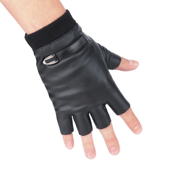 2022 Kvinnor Svart PU Läder Fingerless Handskar Solid Hona Knapp Varm Halvfinger Körning Män motor Punk Handskar Tjocka Guantes Black