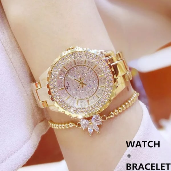 Damklockor Guld Lyxmärke Diamond Quartz Damarmbandsur Rostfritt stål Klocka Watch relogio feminino 2022 gold with bracelet