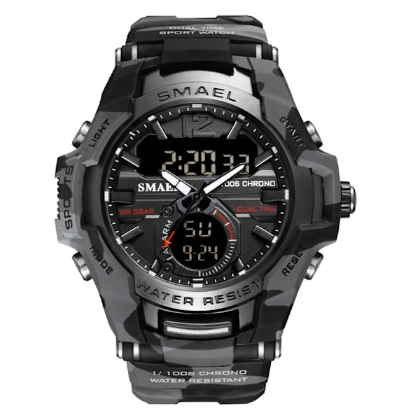 SMAEL Sport Digitala klockor för män Army Kamouflage Simning Armbandsur Väckarklocka Kalender LED Bakgrundsbelysning Dual Time Watch 1805 Camo Gray