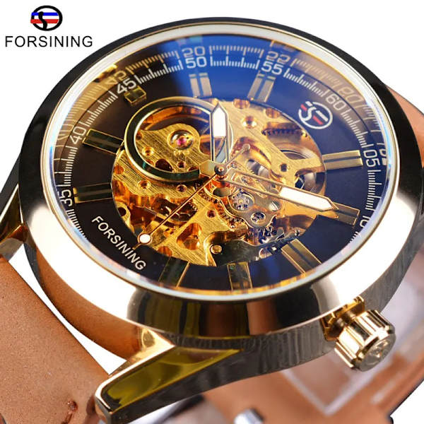 Forsining 2017 Herr Casual Watch Brunt äkta läderarmband Toppmärke Lyx Automatisk Watch Skelettklocka Brown Golden(.248)