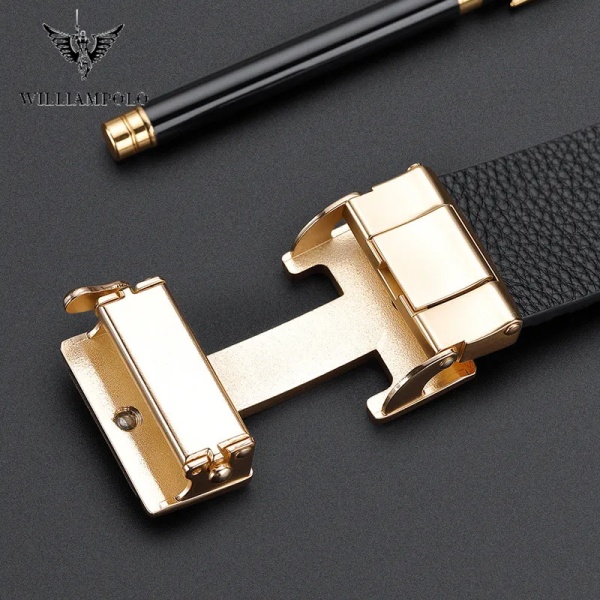 WILLIAMPOLO Herrbälte Herr Högkvalitativt Läderbälte Herr Herrband i äkta läder Lyxigt Automatiskt spänne Modejeans Gun color 130cm