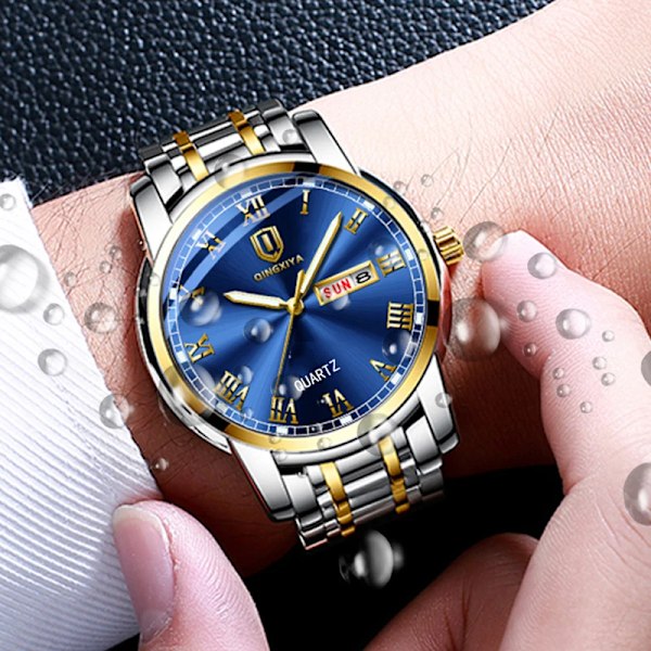 QINGXIYA Toppmärke Lyx Guld Röd Watch Herr Rostfritt Stål Lysande Vattentät Klockor Veckakalender Business Watch Herr Gold Black