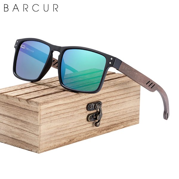 BARCUR Solglasögon för män Märkesdesigner Naturligt valnötsträ Solglasögon Dam Polariserade glasögon UV400 Eyewear Oculos Black Green Wood BARCUR