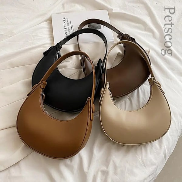 Mode Vita Axelväskor För Kvinnor Pu Läder Enfärgad Half Moon Crossbody Bag Designer Dam Handväskor Dam Underarmsväskor Khaki (20cmMax Length30cm)