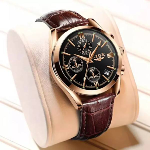 Nytt mode herrklockor Toppmärke Lyx Military Quartz Watch Premium Läder Vattentät Sport Chronograph Watch Herr gold white