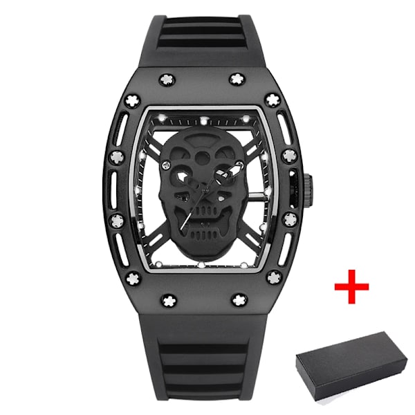 Kimsdun Watch For Herr Toppmärke Lyx Vattentät Tonneau Hollow Out Skull Man Armbandsur Silikon Relogio Masculino 2022 full black box