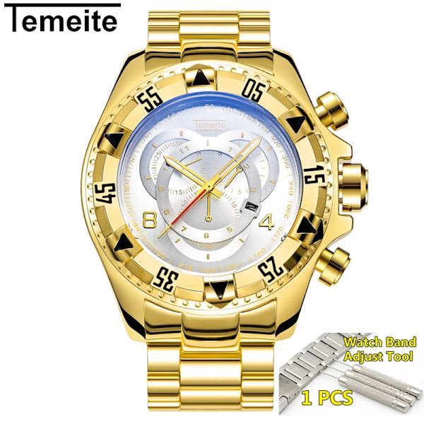 Herrklockor toppmärkt Luxury Quartz Gold Watch Herr Big Dial Vattentät Golden Business Armbandsur herr 2021 Relogio Masculino gold white tool