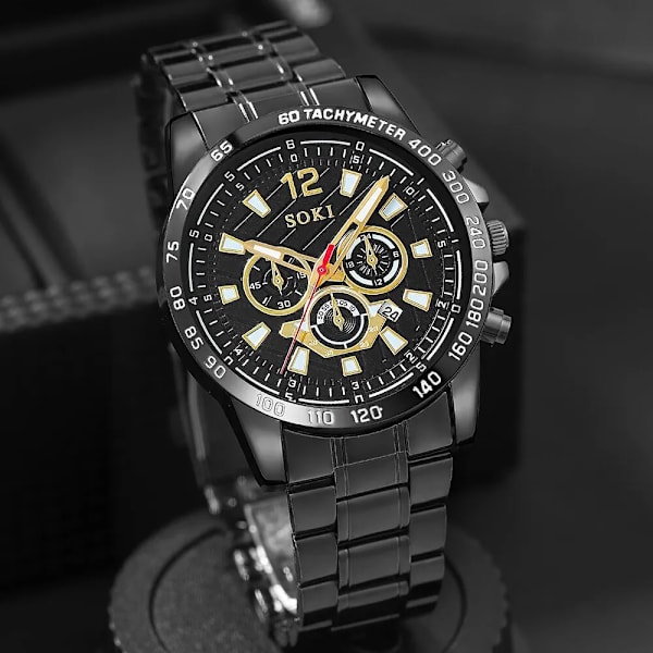 Herrklockor Casual Business Quartz Rostfritt stålband med Auto Date Luminous Watch Set 1st watch och 1st armband Gold