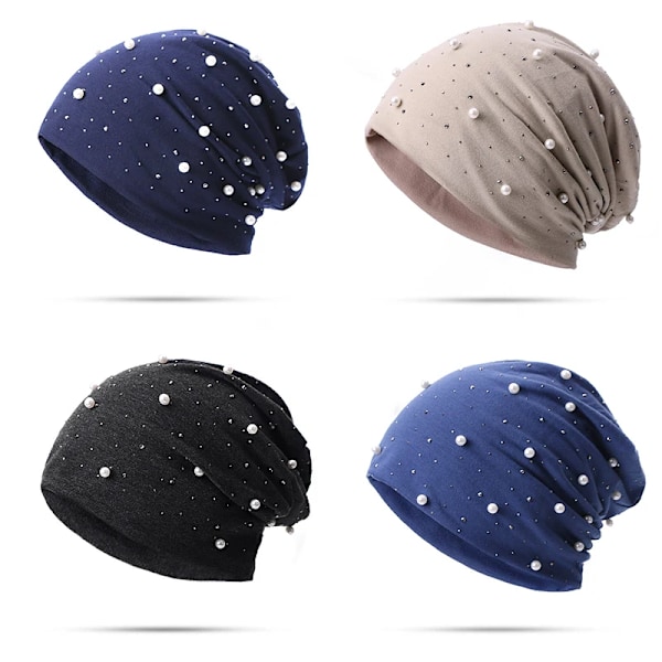 Mjuka Bomulls-Hattar för Höst & Vår - Dam & Flickor - Pärlor & Strass - Varma Skullies - Turban - Bonnet - Kvinnliga Hattar C black Elasticity