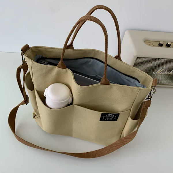 Hylhexyr Dam Retro Stora Väskor Bomulls Canvas Axelväska Mode Crossbody Handväska Dragkedja Casual Tote Multi Pocket L Khaki