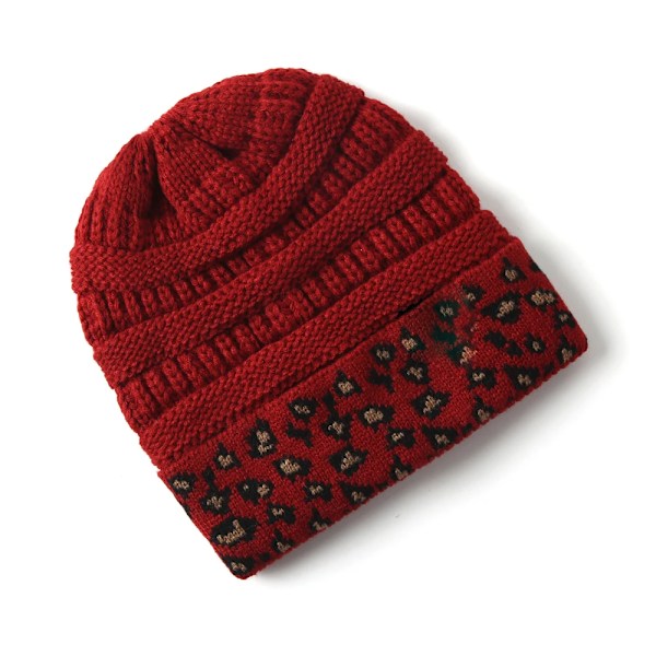 10 Färger Leopard Beanie Kvinnor Stretch Stickad Virkad Beanies Vintermössor För Kvinnor Varma Dam Messy Burgundy One Size