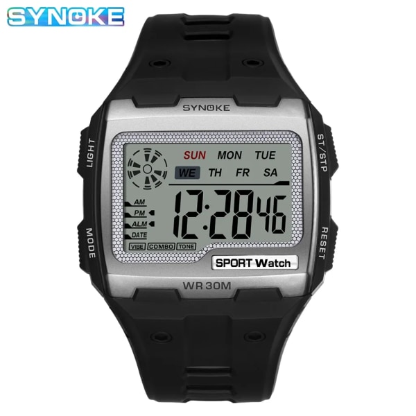 SYNOKE Digital watch för män Stora siffror Lätt att läsa 3ATM Vattentät män Digital watch Utomhussport Lysande funktion silver