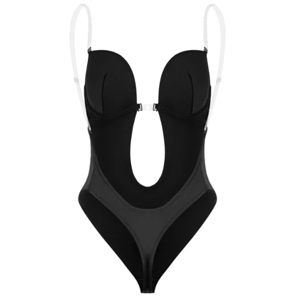 Ny sexig bodysuit Korsett BH Rygglös Shapewear Djup V-hals Body Shaper U dopp string waist trainer Klart band Vadderat push up Black M