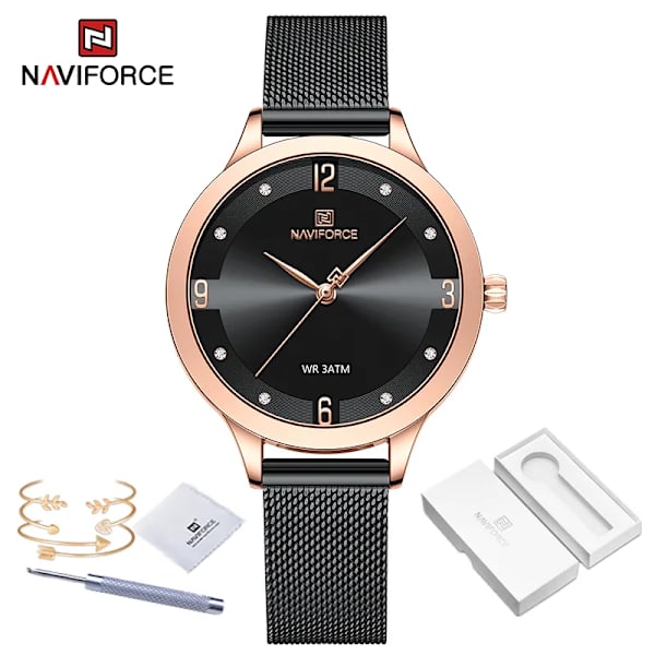 NAVIFORCE modeklockor för kvinnor högkvalitativ kvarts damklocka Mesh rostfritt stål Sliver blå vattentät damarmband RGB-BOX