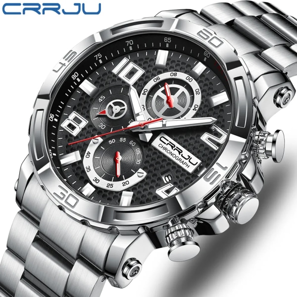 CRRJU Herrklockor Big Dial Vattentätt rostfritt stål med lysande händerDate Sport Chronograph Klockor Relogio Masculino Silver black box