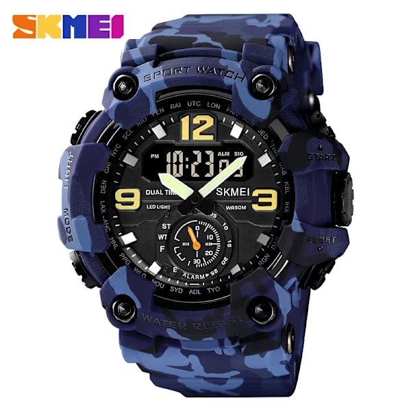 SKMEI 1637 Dual Movement 3 Time Sport Armbandsur Herr Vattentäta Elektroniska Klockor montre homme Stötsäker Digital Watch Blue camo