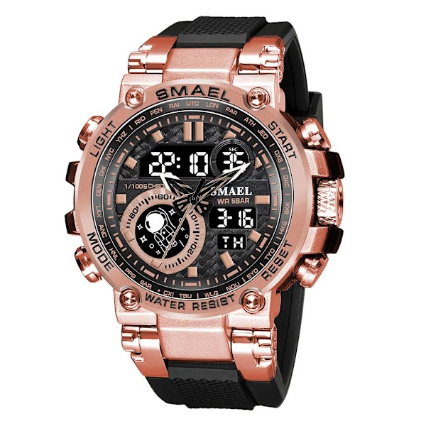 SMAEL Light Blue Sport Digital Watch för män Vattentät Dual Time Display Chronograph Quarz Armbandsur med Auto Date Week 1803B Black Rose