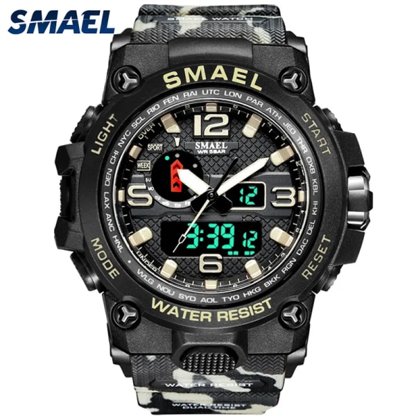 SMAEL klockor för män 50M vattentät klocka Alarm reloj hombre 1545D Dual Display Armbandsur Quartz Military Watch Sport Ny Herr CAMOKHAKI