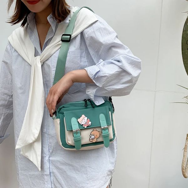 Crossbody Kvinna Ny söt tjej Canvas Student koreansk version Enaxel liten fyrkantig väska Multifunktionell matchande kors Green